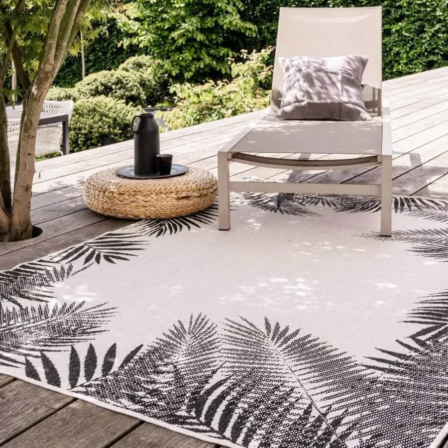 Buiten Vloerkleden|Buiten Vloerkleden-Eva Interior Buitenkleed Zwart Leaf - 200 x 200 cm
