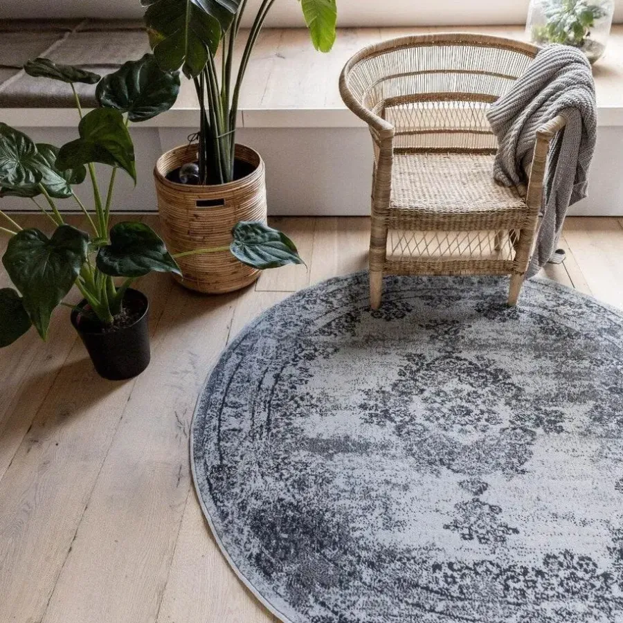 Eva Interior rond vintage Vloerkleed Bloom Grijs - 100 x 100 cm