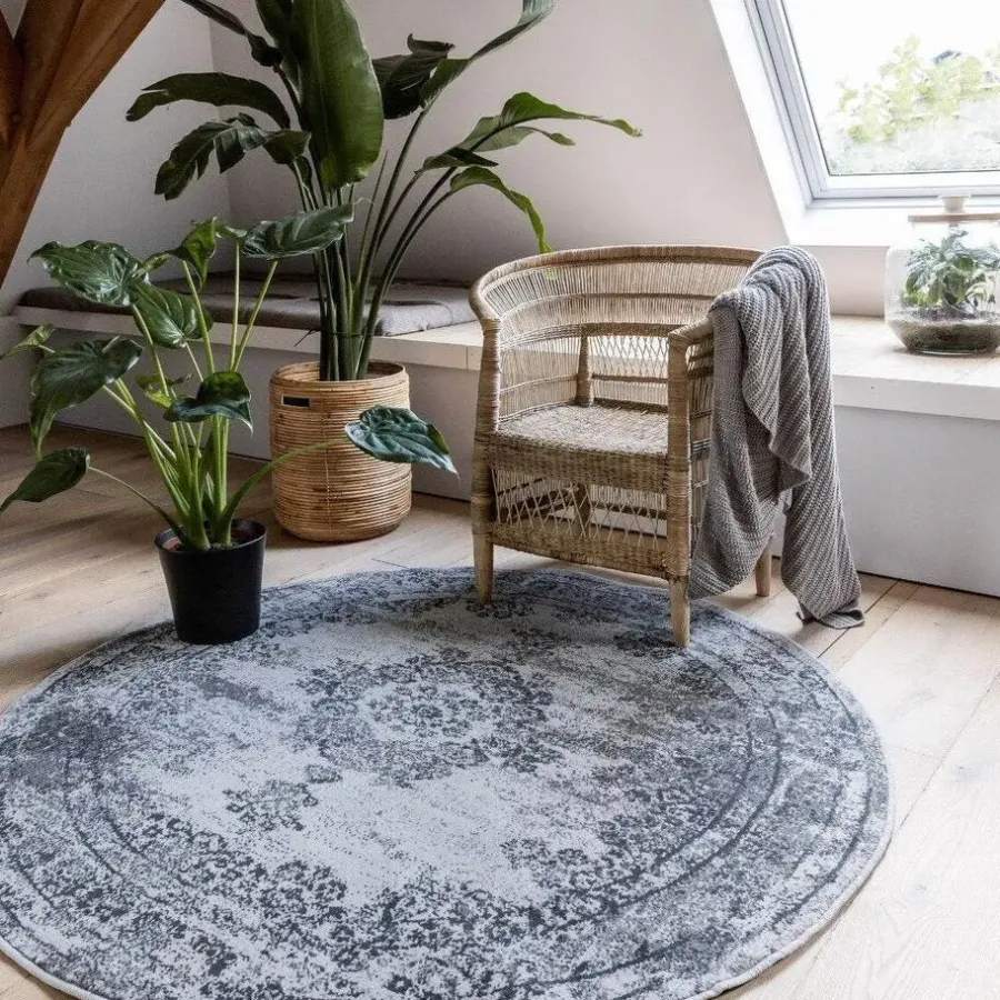 Eva Interior rond vintage Vloerkleed Bloom Grijs - 100 x 100 cm