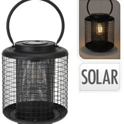 Excellent Houseware Lantaarn - solar - LED - rond - zwart - 22 cm
