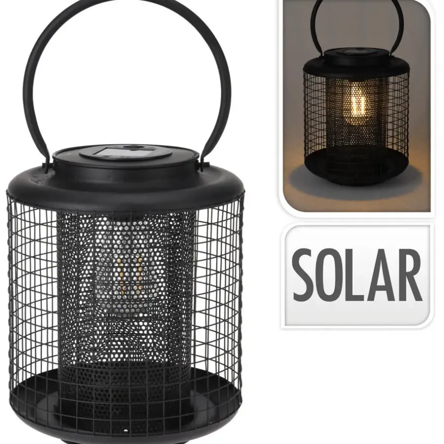 Excellent Houseware Lantaarn - solar - LED - rond - zwart - 22 cm