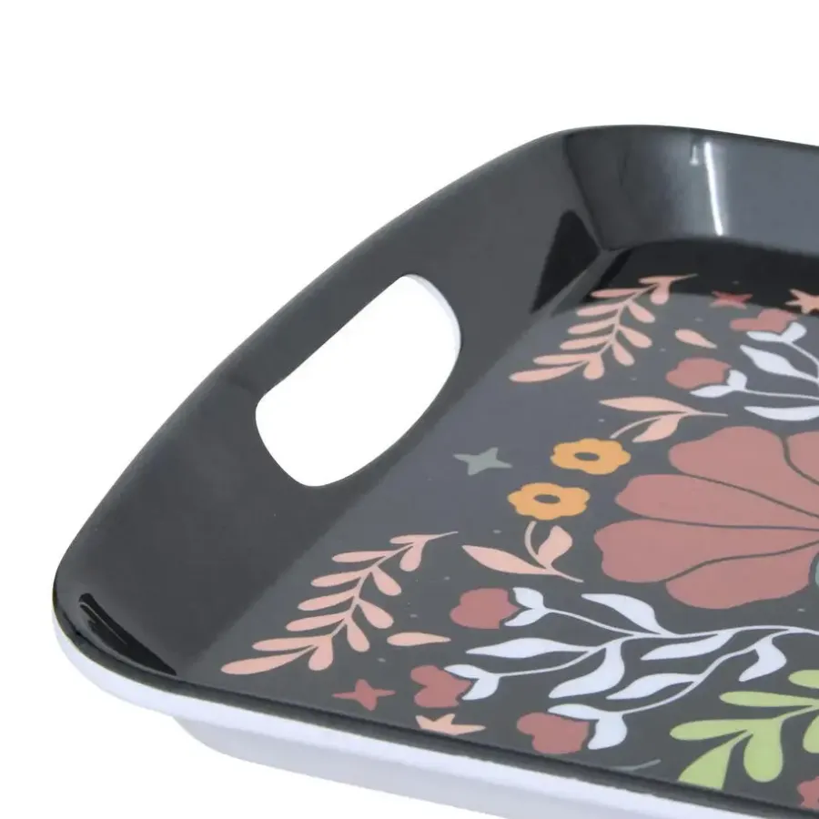Dienbladen-5five Design dienblad van melamine - 47 x 30 cm - flowers print zwart