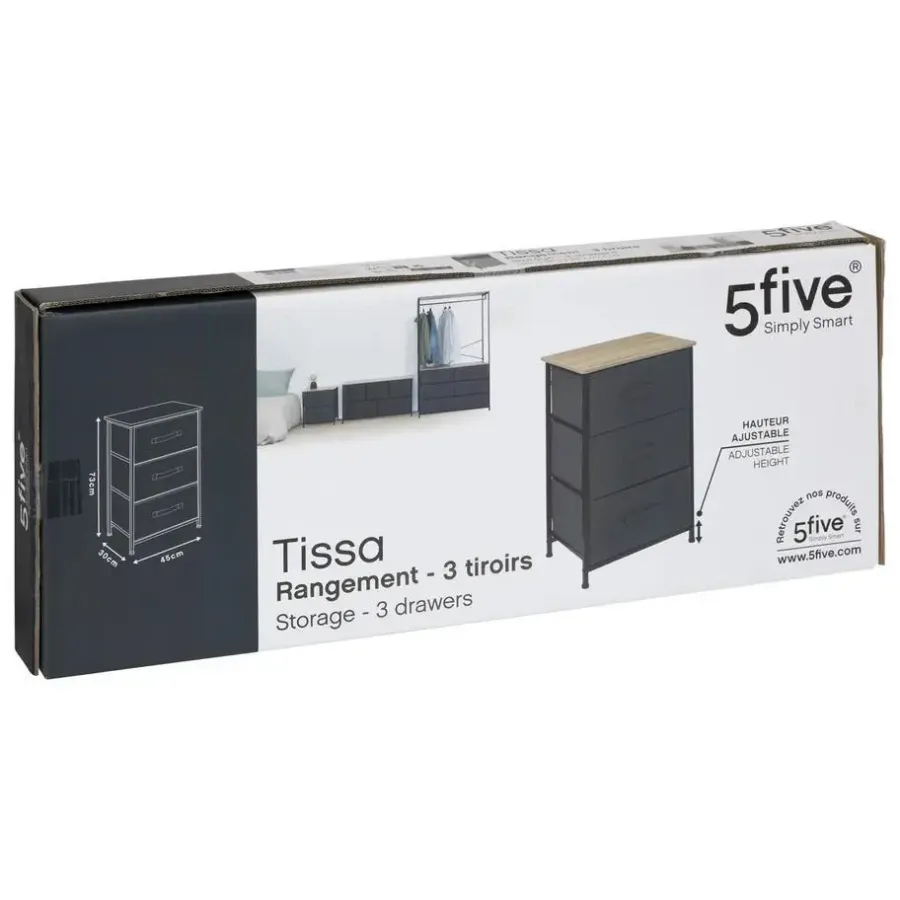 5five Opbergkast - 3x mand - 43x30x73cm - hout/stof donkergrijs