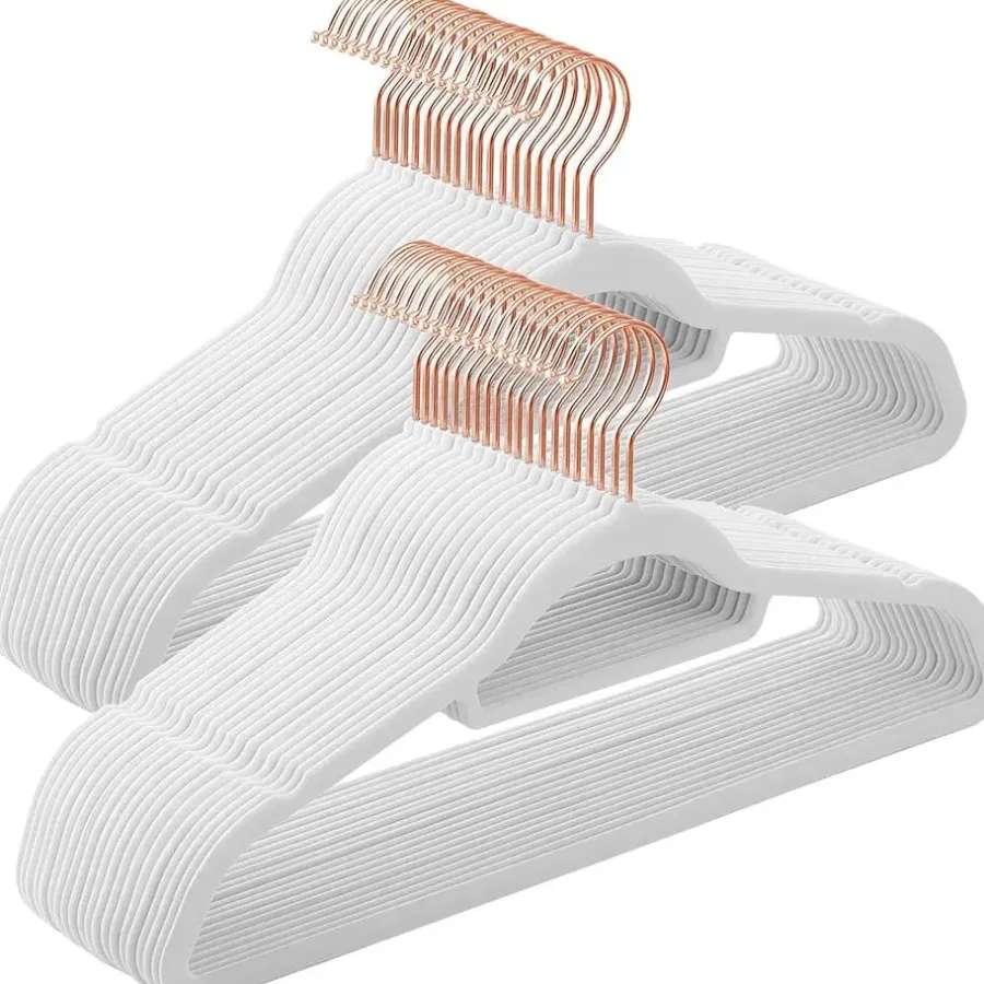Merkloos Fluwelen kledinghangers, Set van 50, Antislip, Wit en Rosé Goud