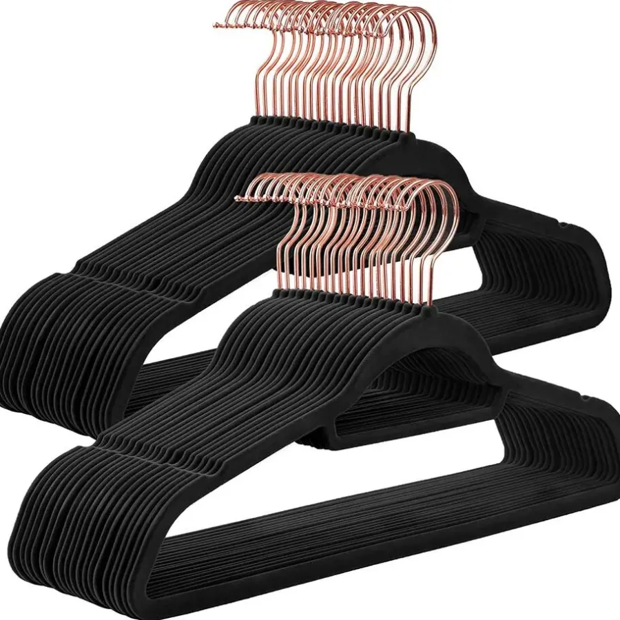 Merkloos Fluwelen Kleerhanger, 50 stuks, Anti-slip, 45 cm lang, Zwart en Rosé Goud