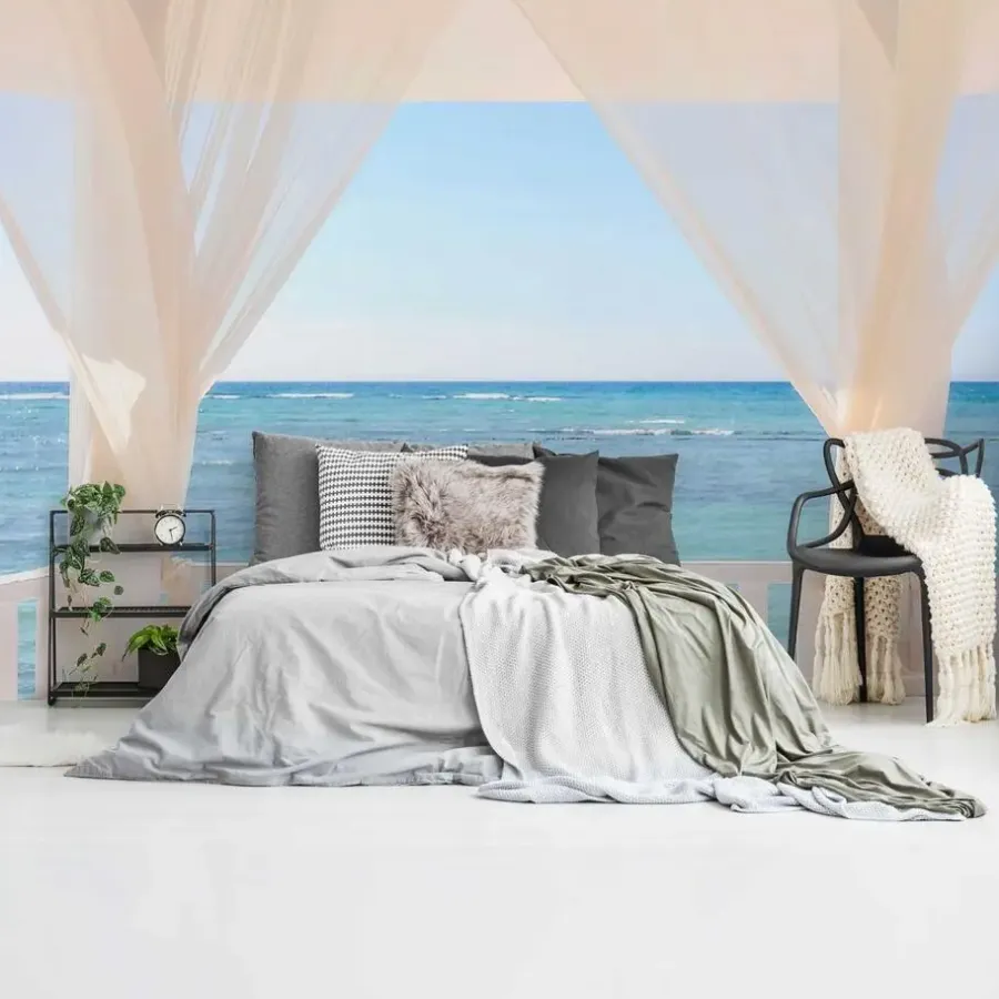 Behang-Reinders Fotobehang Balkon met zeezicht - 260 x 384cm - Blauw