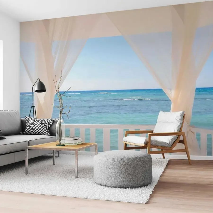 Behang-Reinders Fotobehang Balkon met zeezicht - 260 x 384cm - Blauw