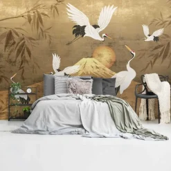 Behang-Reinders Fotobehang Kraanvogels - 260 x 384cm - Goudkleurig