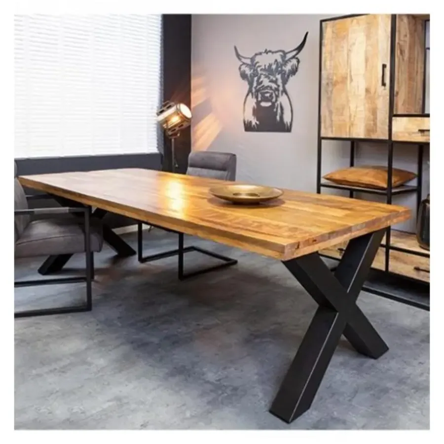 Rechthoekige Eettafels|Industriële Eettafels-Furndea Eettafel Morada industrieel rechthoek X poot mangohout 240x100x76cm