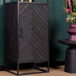 Wandkasten-Furndea Scandi boekenkast industrieel visgraat zwart 1- deur - 45x55x200 cm