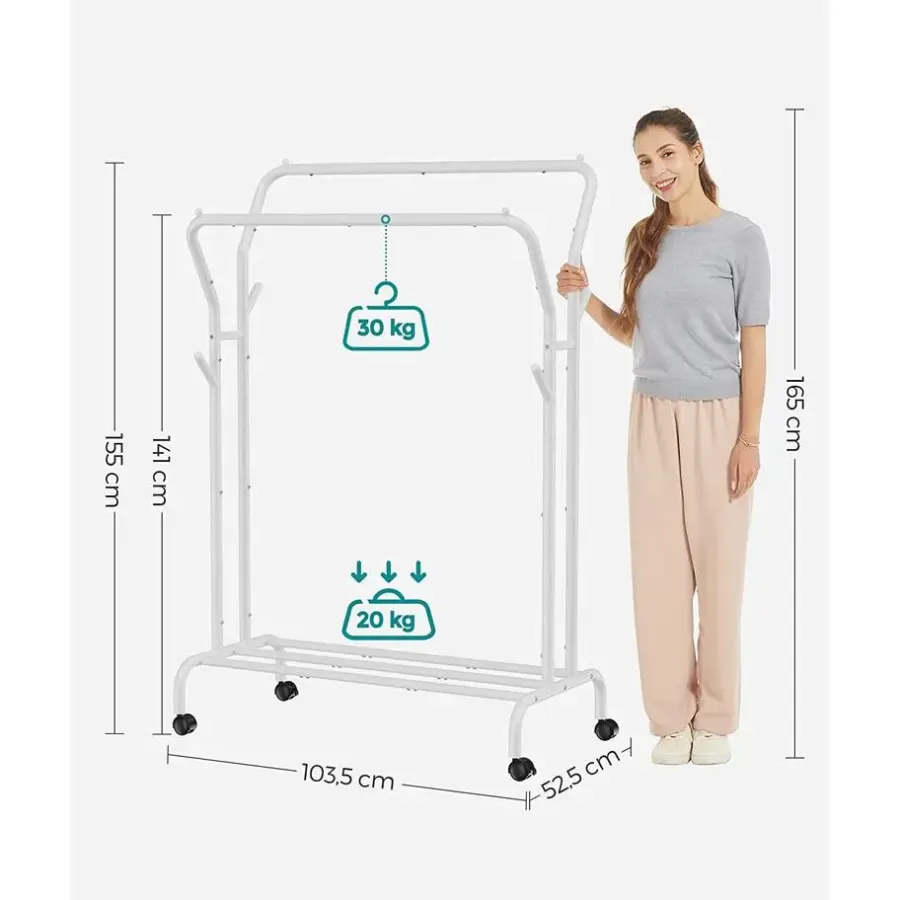 Furnihaus Kledingroede Kledingrek Dubbele Kledingophangrail met wielen 103,5 cm