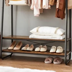 Vasagle Garderobe - met 2 legplanken - 6 haken in S-vorm - vintage - Bruin-Zwart