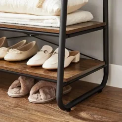 Vasagle Garderobe - met 2 legplanken - 6 haken in S-vorm - vintage - Bruin-Zwart