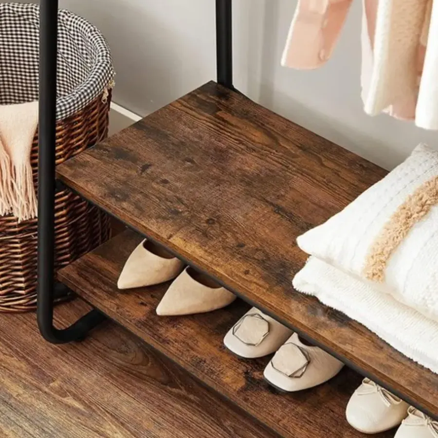 Vasagle Garderobe - met 2 legplanken - 6 haken in S-vorm - vintage - Bruin-Zwart