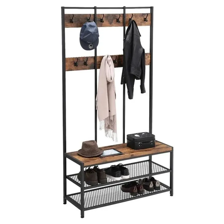 Merkloos Garderoberek XL - industriële look - 12 haken - 100x186x40 cm - vintage bruin