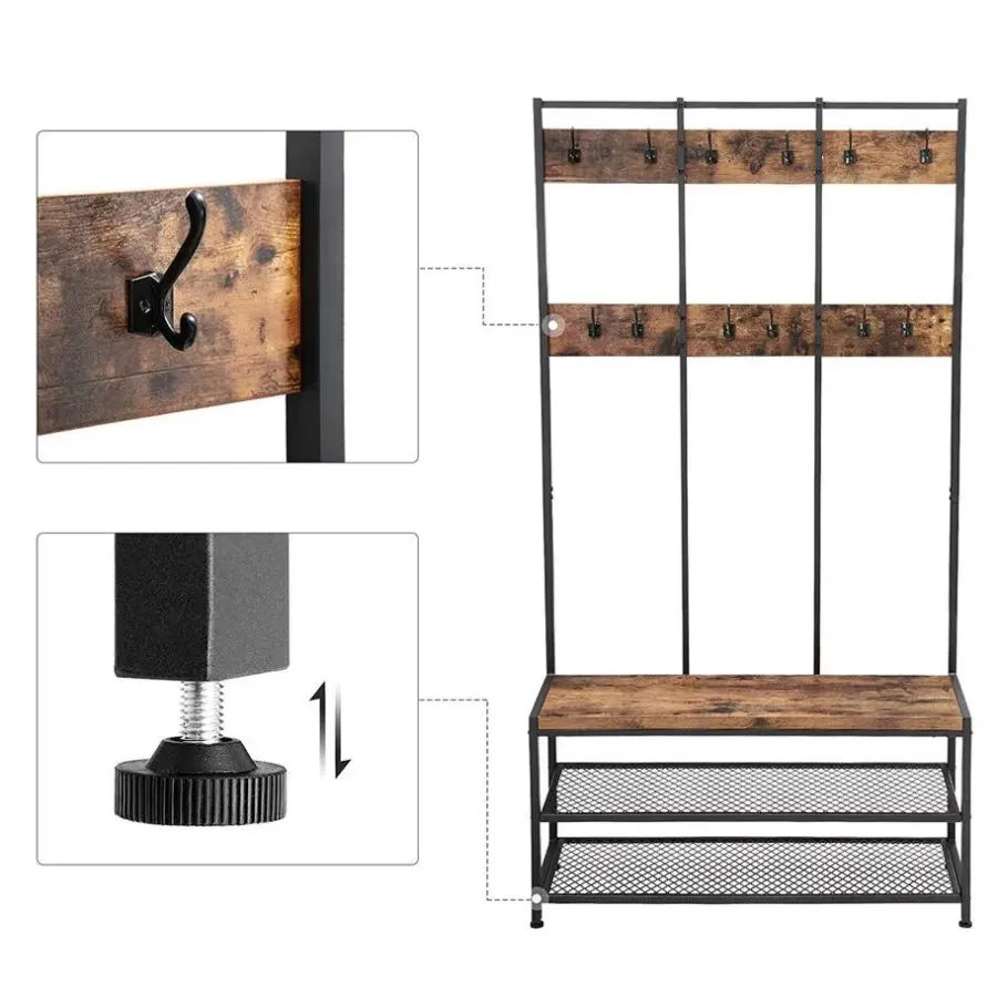 Merkloos Garderoberek XL - industriële look - 12 haken - 100x186x40 cm - vintage bruin