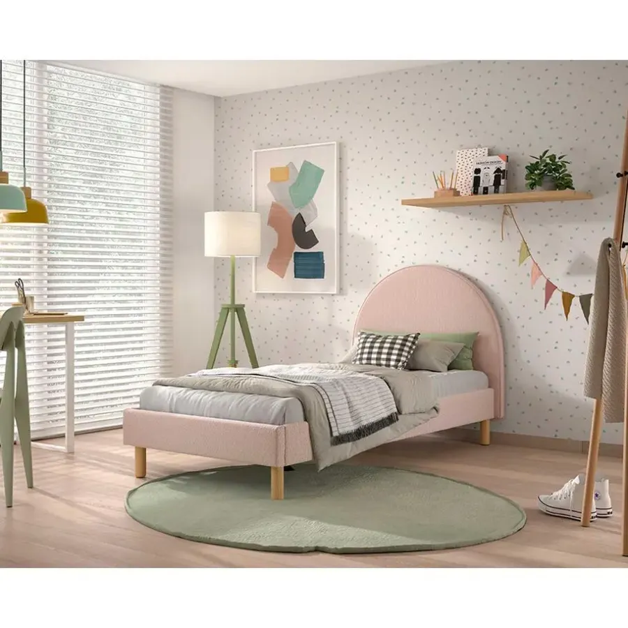Kinderbedden-Vipack Gestoffeerd bed Maeva 90x200cm - roze bouclé stof