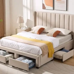 Emob Exclusive Gestoffeerd tweepersoonsbed Wallis - 140 x 200 cm - Met opberglades - Beige