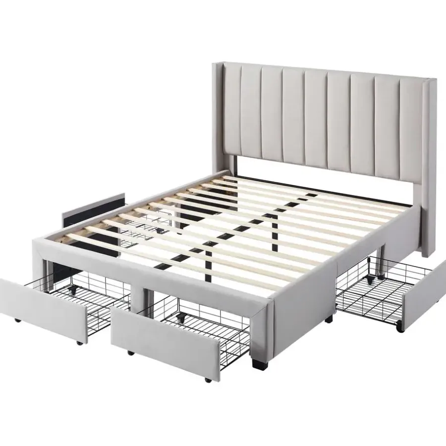 Emob Exclusive Gestoffeerd tweepersoonsbed Wallis - 140 x 200 cm - Met opberglades - Beige