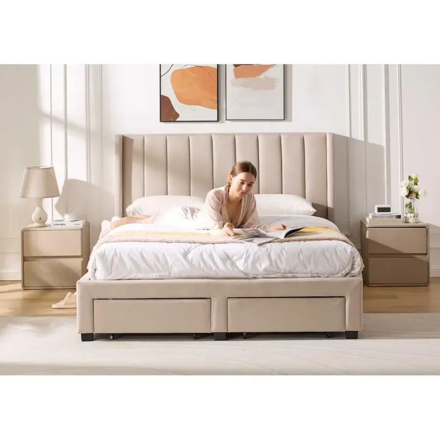 Emob Exclusive Gestoffeerd tweepersoonsbed Wallis - 140 x 200 cm - Met opberglades - Beige