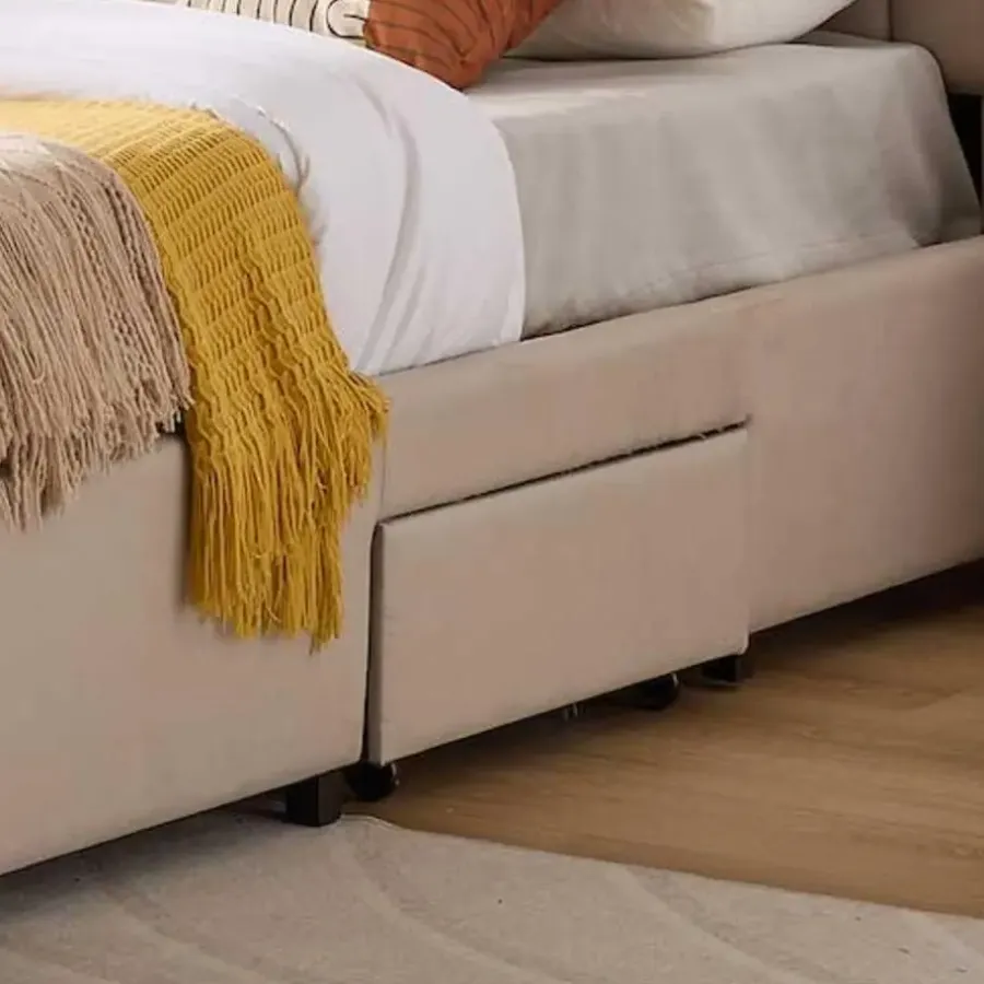 Emob Exclusive Gestoffeerd tweepersoonsbed Wallis - 140 x 200 cm - Met opberglades - Beige