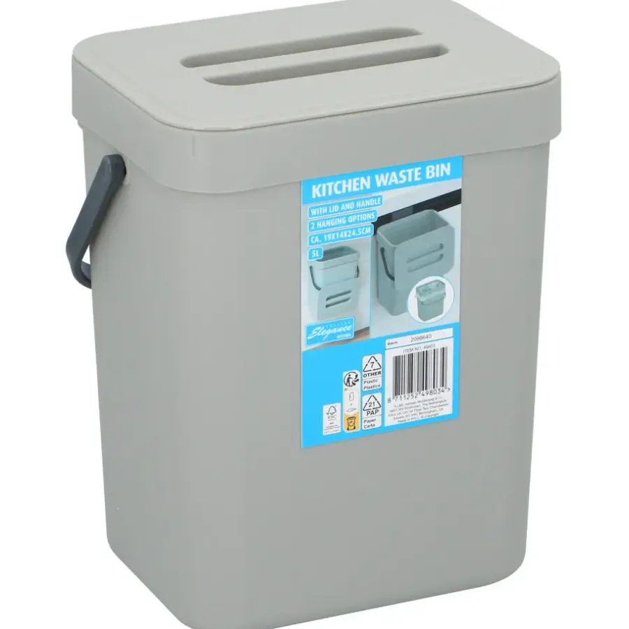 Merkloos Gft afvalbakje voor aanrecht - 5L - grijs - 24 x 19 x 14 cm