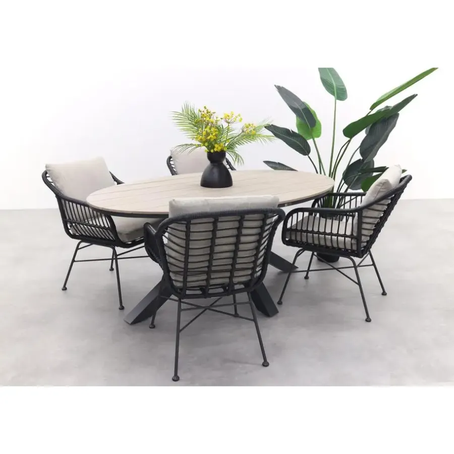 Tuinsets-Garden Impressions GI Margriet zwart/zand / Edison 180 x 115 cm. tafel - ovale tuinset