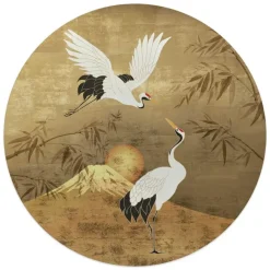 Schilderijen-Reinders Glasschilderij Kraanvogels - Ø 50cm - Goudkleurig