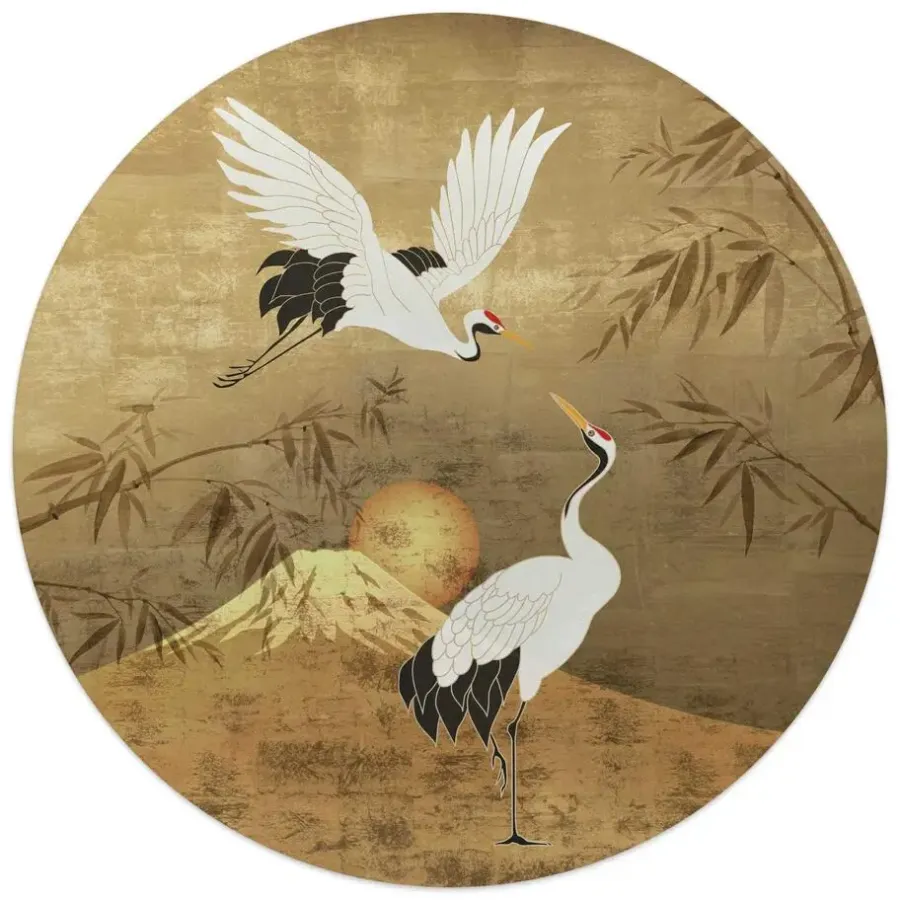 Schilderijen-Reinders Glasschilderij Kraanvogels - Ø 50cm - Goudkleurig