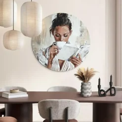 Reinders Glasschilderij Ochtendkoffie met een Boek I - Ø 70cm - Beige