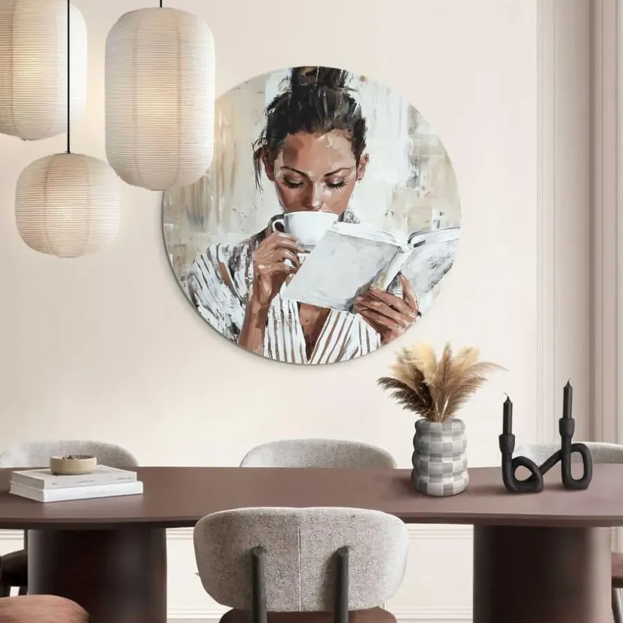 Reinders Glasschilderij Ochtendkoffie met een Boek I - Ø 70cm - Beige