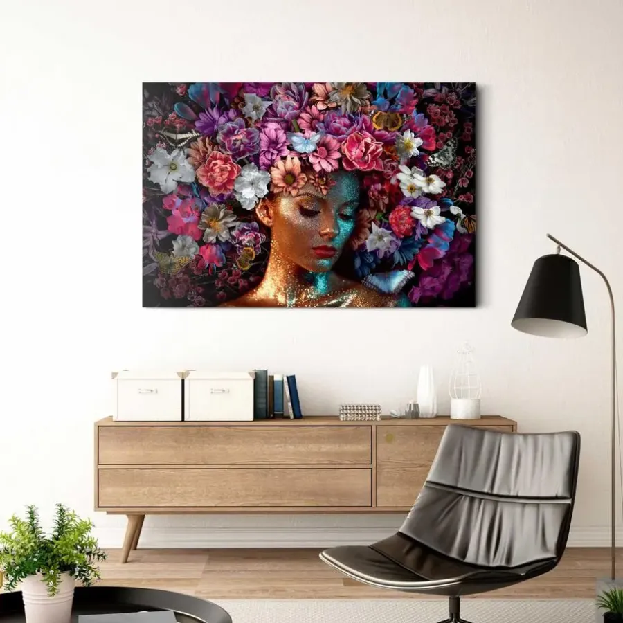 Reinders Glasschilderij Vrouw met Bloemenglitters - 78 x 116cm - Bont