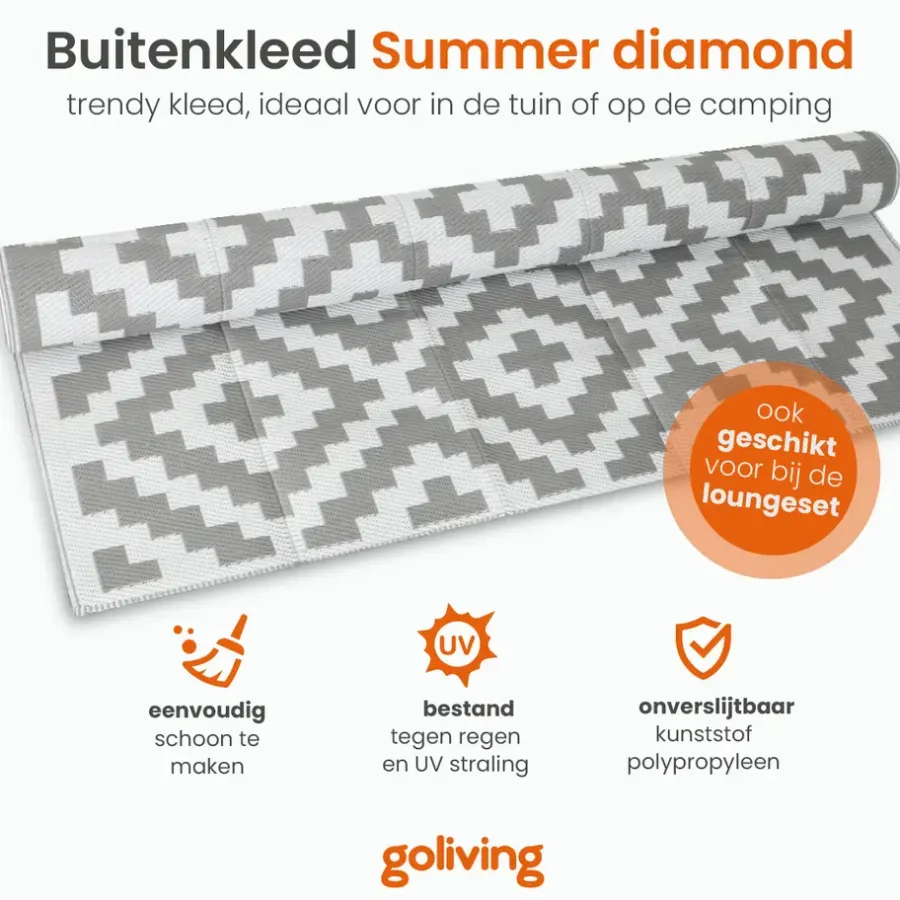 Goliving Buitenkleed Summer Diamond - 183x290CM - Draagtas - Grijs/Wit