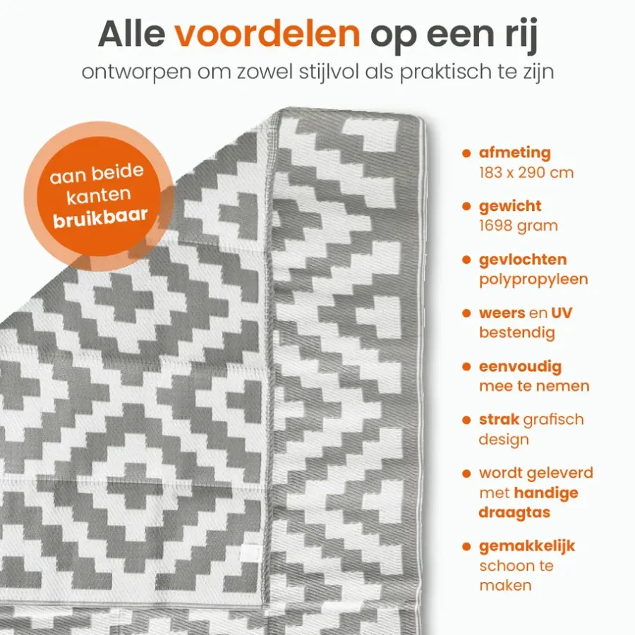 Goliving Buitenkleed Summer Diamond - 183x290CM - Draagtas - Grijs/Wit