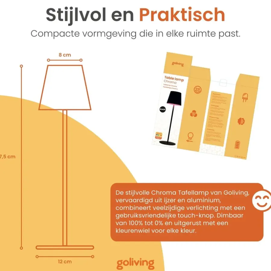 Goliving Chroma Tafellamp Oplaadbaar – Draadloos en Dimbaar – Touch – Nachtlamp