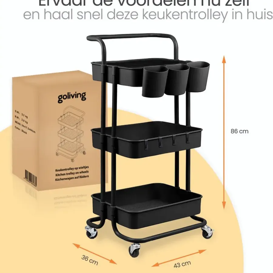 Goliving Keukentrolley op wieltjes - Serveerwagen - Keuken Trolley - Met Bakjes
