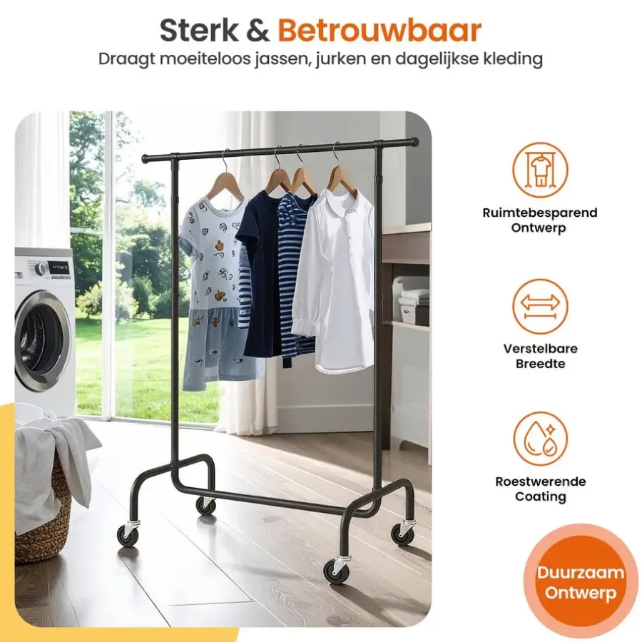 Kledingopbergers|Kledingrekken-Goliving Kledingrek op wieltjes XL - Uitschuifbare Kledingstang 112-150 cm