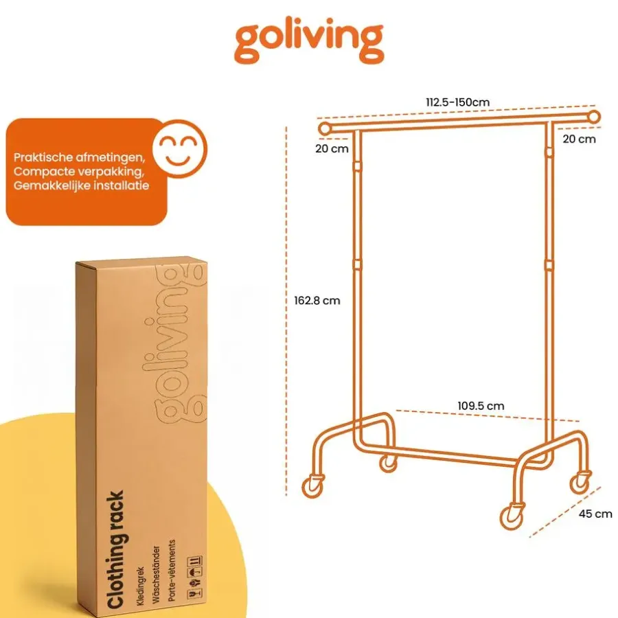 Kledingopbergers|Kledingrekken-Goliving Kledingrek op wieltjes XL - Uitschuifbare Kledingstang 112-150 cm