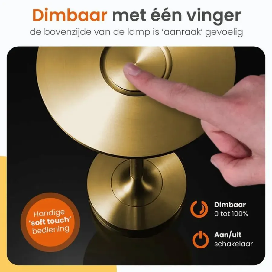 Tafellampen-Goliving Tafellamp Op Accu - Oplaadbaar en Dimbaar - Hoogte 27 cm - Goud