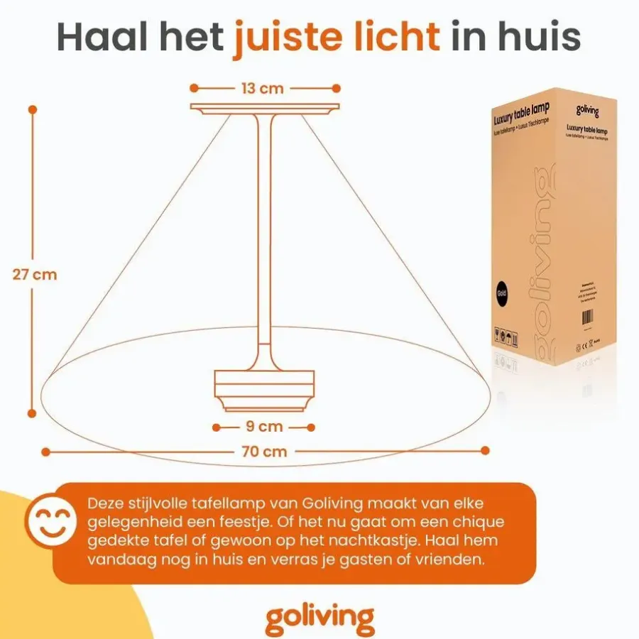 Tafellampen-Goliving Tafellamp Op Accu - Oplaadbaar en Dimbaar - Hoogte 27 cm - Goud