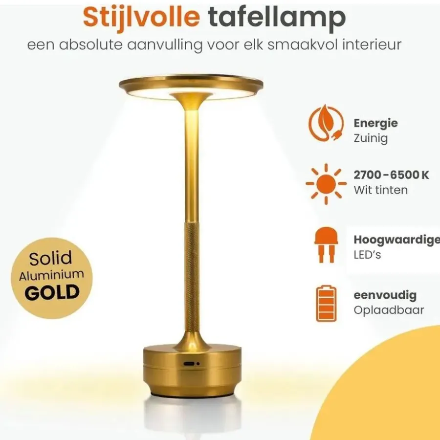 Tafellampen-Goliving Tafellamp Op Accu - Oplaadbaar en Dimbaar - Hoogte 27 cm - Goud