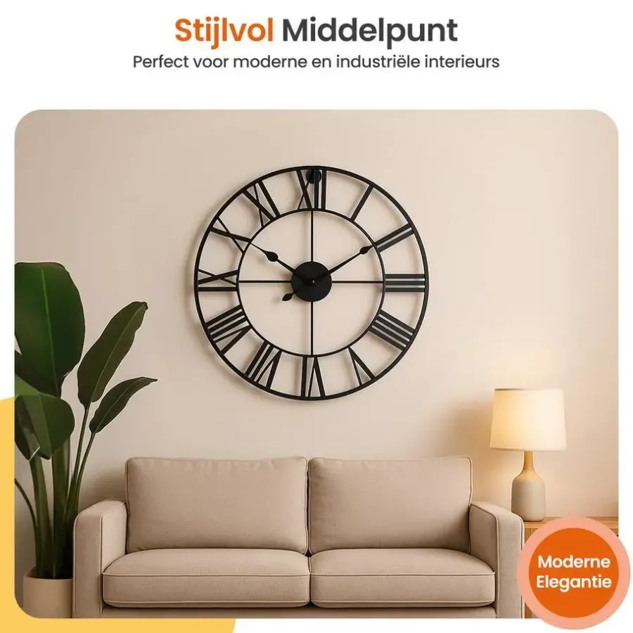 Klokken-Goliving Wandklok Industrieel - Stil uurwerk - Metaal - Ø 70 cm - Zwart