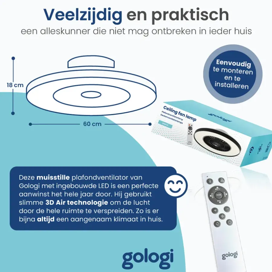 Plafondlampen-Gologi Plafondventilator met Verlichting - Ø60 cm - LED RGBW - 6 Standen