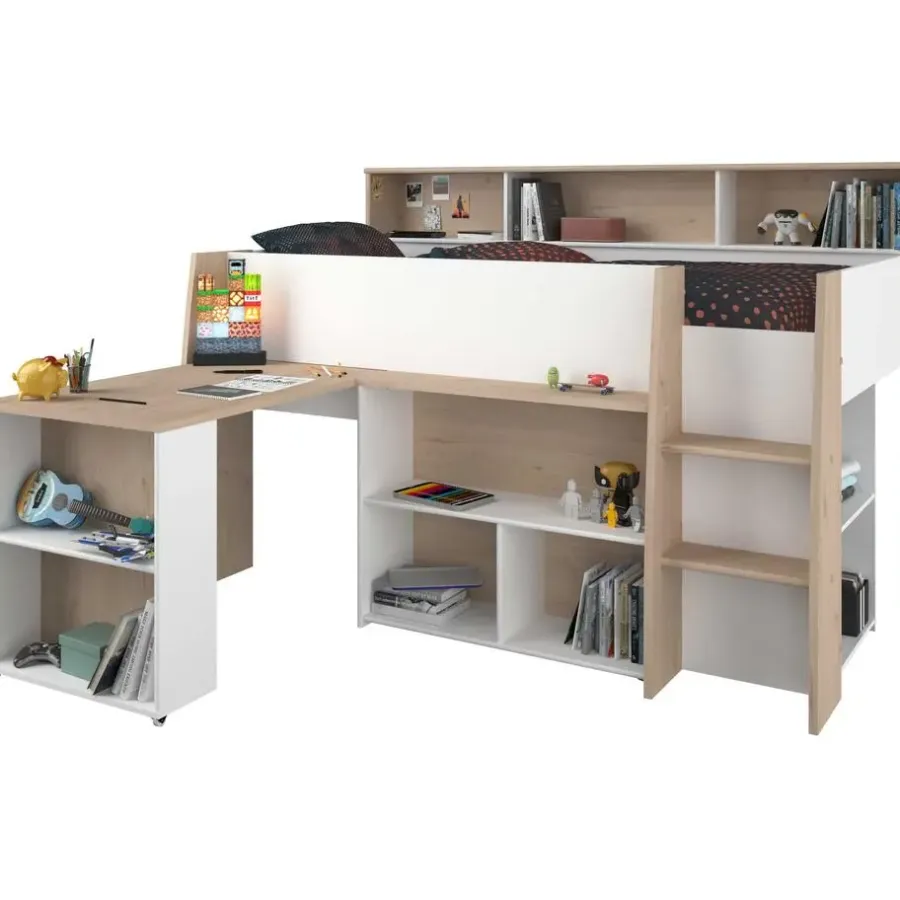 Kinderbedden-Parisot Halfhoogslaper Duffy 90x200cm met bureau - wit / eikdecor