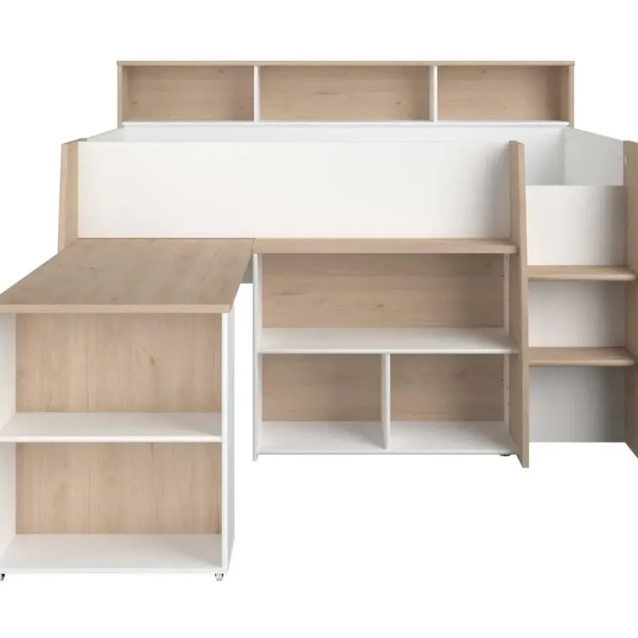 Kinderbedden-Parisot Halfhoogslaper Duffy 90x200cm met bureau - wit / eikdecor