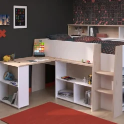 Kinderbedden-Parisot Halfhoogslaper Duffy 90x200cm met bureau - wit / eikdecor