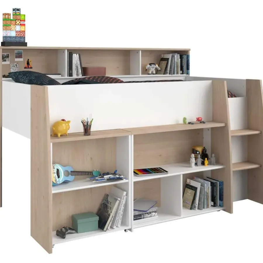 Kinderbedden-Parisot Halfhoogslaper Duffy 90x200cm met bureau - wit / eikdecor