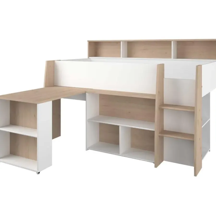 Kinderbedden-Parisot Halfhoogslaper Duffy 90x200cm met bureau - wit / eikdecor