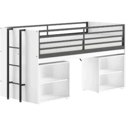 Kinderbedden-Vipack Halfhoogslaper Sammie 90x200cm - met bureau en boekenrekjes - wit