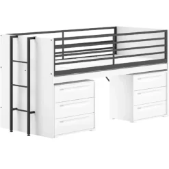 Kinderbedden-Vipack Halfhoogslaper Sammie 90x200cm - met bureau en ladekasten - wit